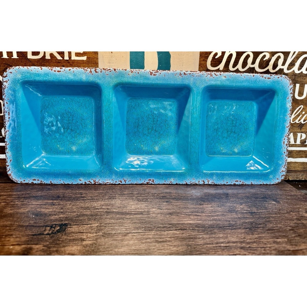 PIER 1 Carmelo Crackle Aqua Blue Teal Melamine 3 Part Serving Tray Rustic 19.5"